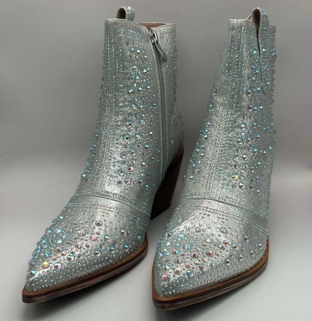ISNOM Sparkly Rhinestone Silver Cowboy Ankle Boots
